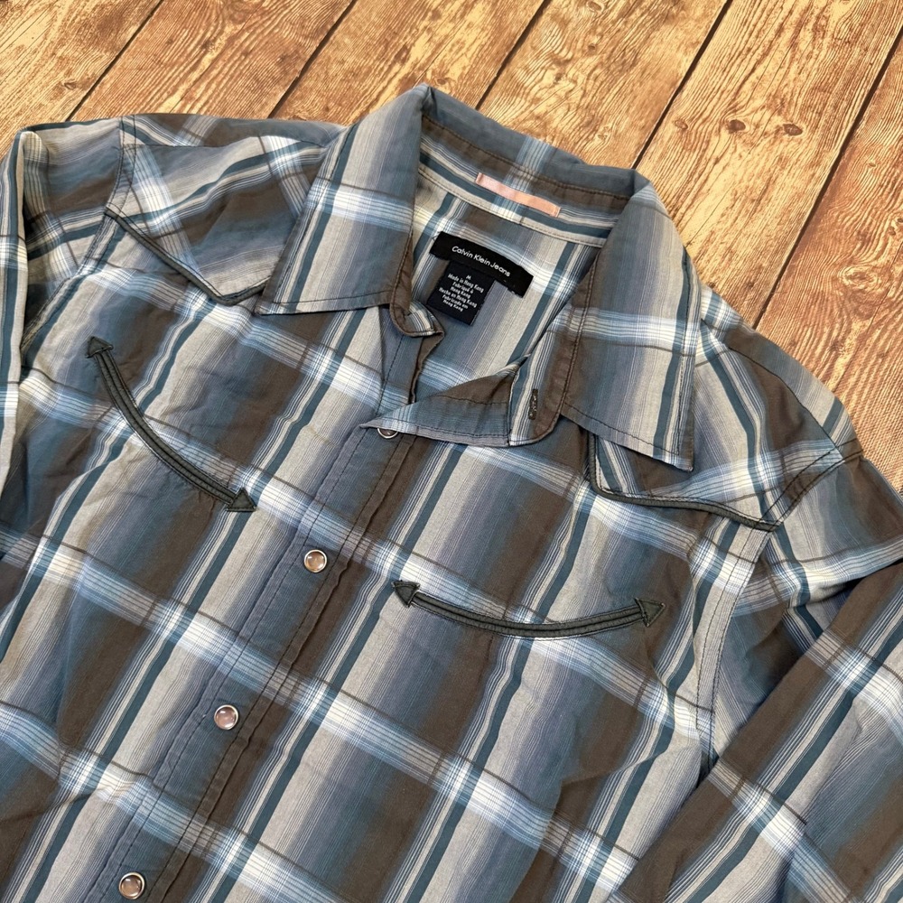 Calvin Klein Jeans Western Pearl Snap Shirt Mens Medium Blue Plaid Graphic Back